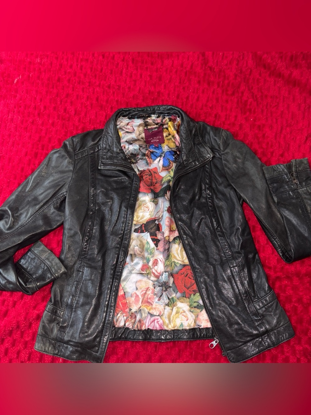 Ted Baker Black REAL Leather Moto Jacket with Floral Lining